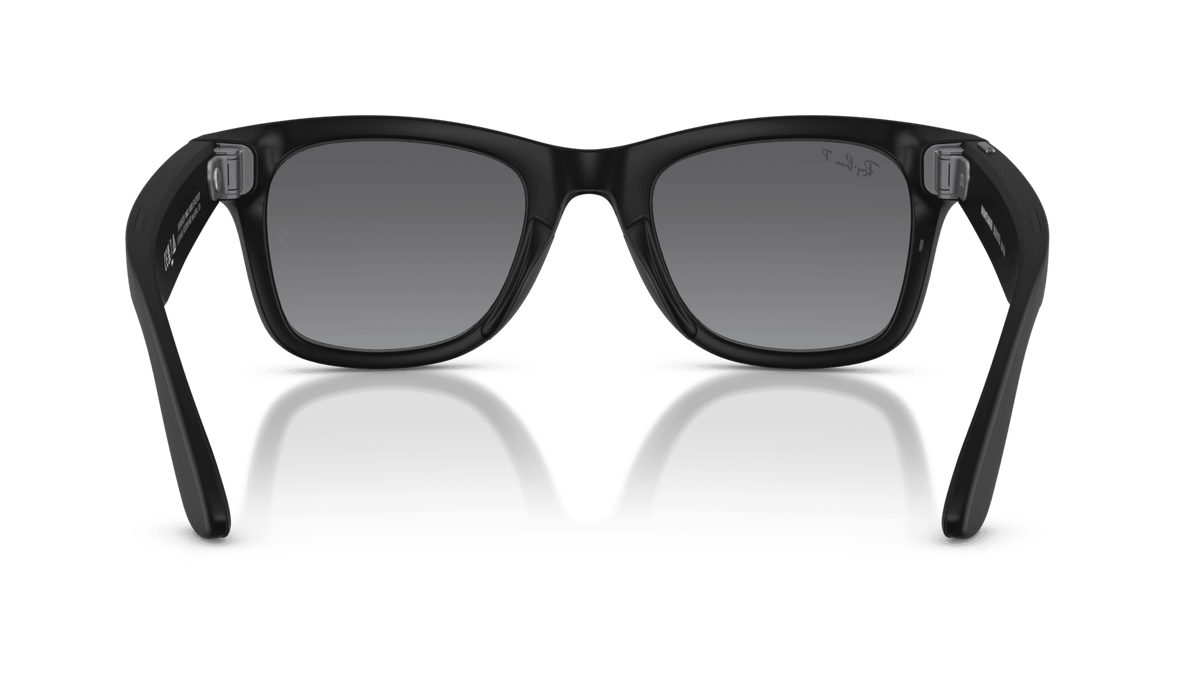 Ray-Ban Meta Wayfarer Matte Black - Gen 2   Black sunglasses with reflective surface on a gray background