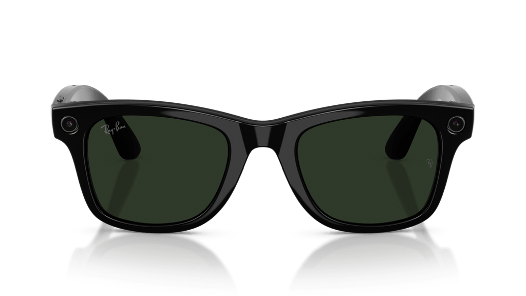 Ray-Ban Meta Wayfarer Shiny Black -Transitions- Gen 2, Black sunglasses with a reflective surface on a solid background