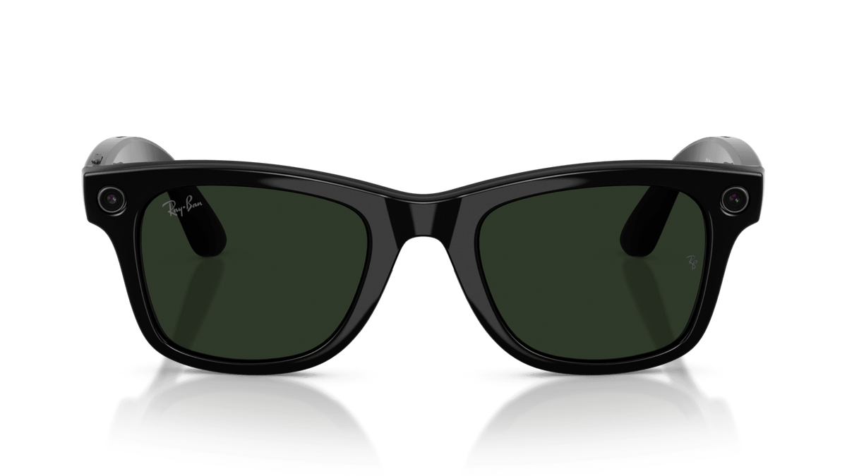 Ray-Ban Meta Wayfarer Shiny Black -Transitions- Gen 2, Black sunglasses with a reflective surface on a solid background