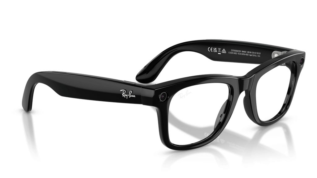 Ray-Ban Meta Wayfarer Shiny Black -Transitions- Gen 2  Black Ray-Ban glasses on a reflective surface with a dark blue background