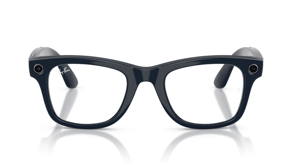 Ray-Ban | Meta Wayfarer Shiny Cosmic Blue -Transitions Gen 2Black eyeglasses on a reflective surface with a gradient background
