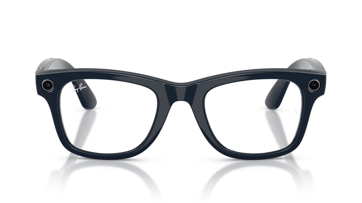 Ray-Ban | Meta Wayfarer Shiny Cosmic Blue -Transitions Gen 2Black eyeglasses on a reflective surface with a gradient background