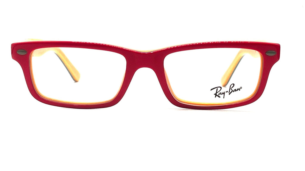 Red Ray-Ban RB1535 eyeglasses with a matte finish and yellow inner temples, shown against a plain white background.