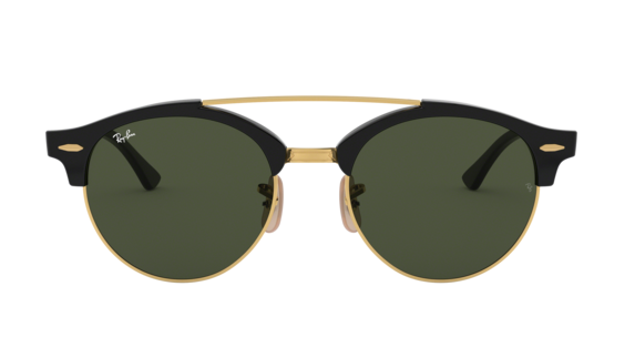 Ray-Ban Clubmaster round sunglasses with a black acetate front, gold metal rims and bridge, and dark green lenses.