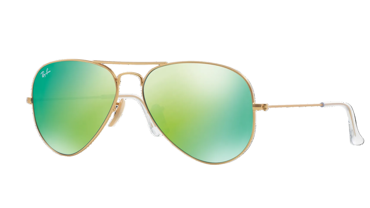 A pair of aviator sunglasses with a gold metal frame and green-to-yellow mirrored lenses, shown on a plain white background.