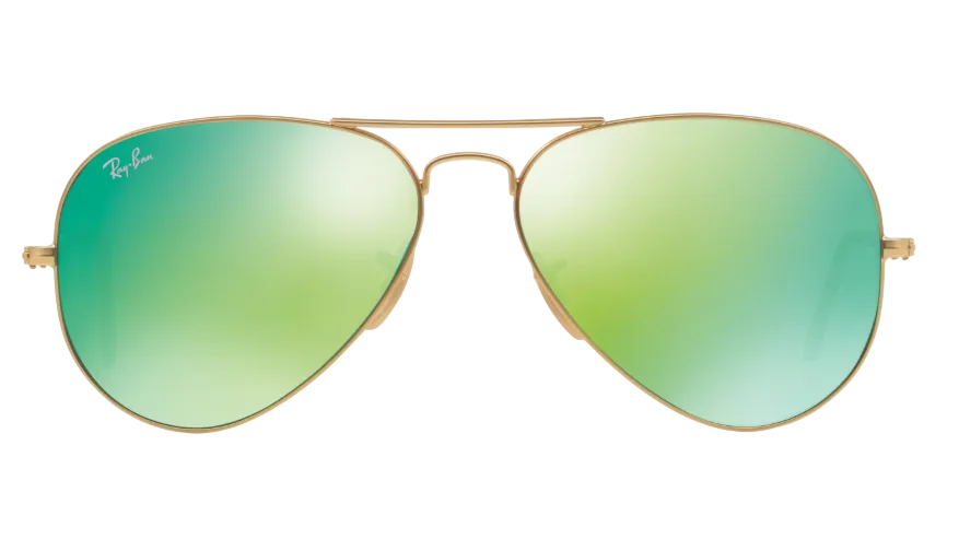 Ray-Ban aviator sunglasses with a gold metal frame and green-to-blue mirrored lenses, shown against a light gray background.
