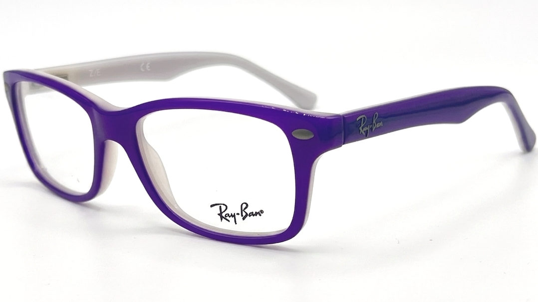 Ray-Ban eyeglasses with a purple acetate frame and clear lenses, displayed on a clean white background.
