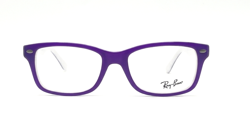 Ray-Ban eyeglasses with a vibrant purple acetate frame and clear lenses, shown from the front on a white background.