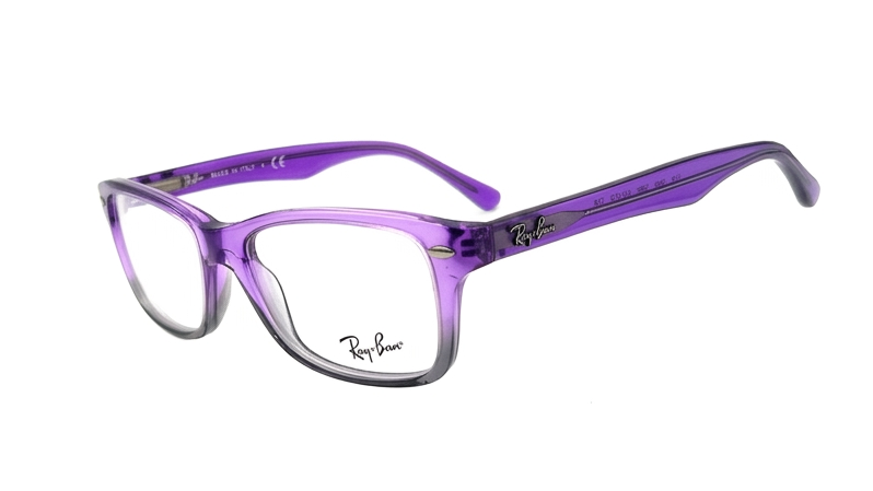 Ray-Ban eyeglasses with a translucent purple acetate frame and clear lenses, shown on a plain white background.