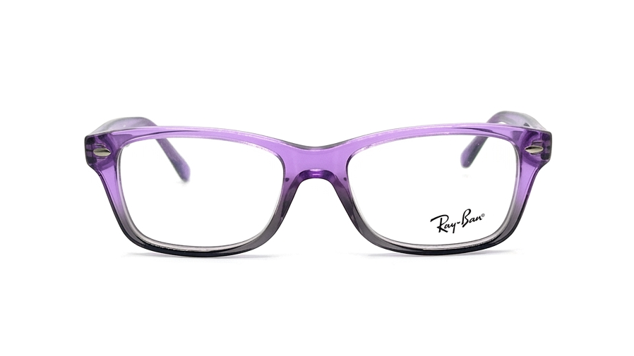 Ray-Ban eyeglasses with a translucent purple acetate frame and a dark gray gradient bottom edge, shown against a plain white background.
