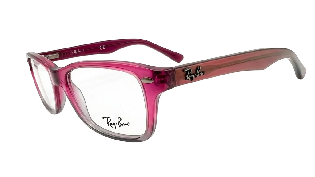 Ray-Ban eyeglasses with a translucent magenta-pink acetate frame and clear lenses, displayed on a clean white background.