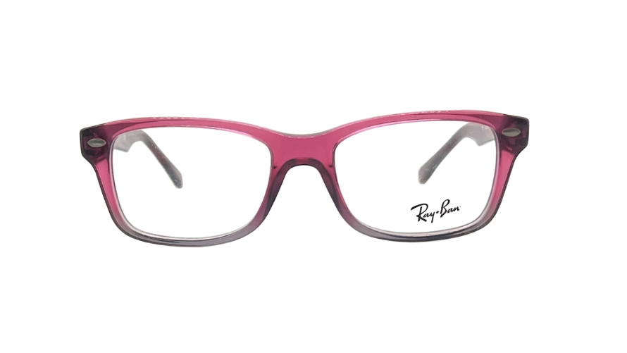 Ray-Ban eyeglasses with a translucent pink and dark gray gradient frame, shown against a plain white background.