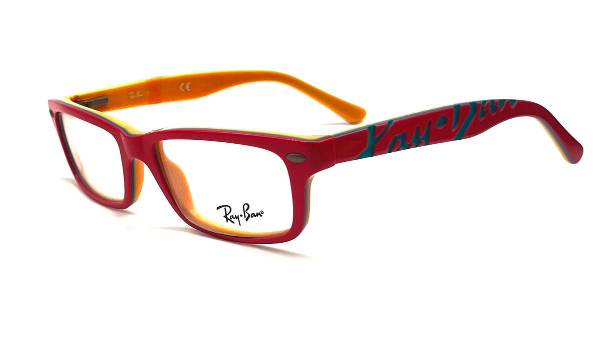 Ray-Ban RB1535 square eyeglasses with a red front frame, orange temples, and a teal script logo on the side, shown on a white background.