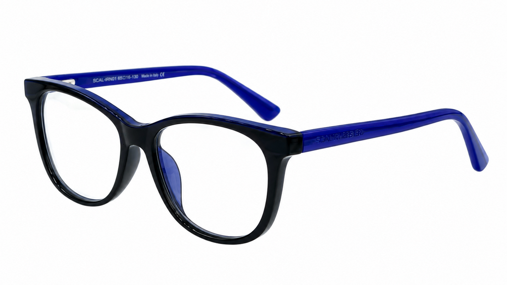 A pair of cat-eye style eyeglasses featuring a glossy black front frame and vibrant royal blue temples, shown against a plain white background.