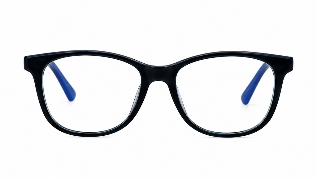 Black rectangular eyeglass frames with clear lenses and blue temple tips, shown against a plain white background.