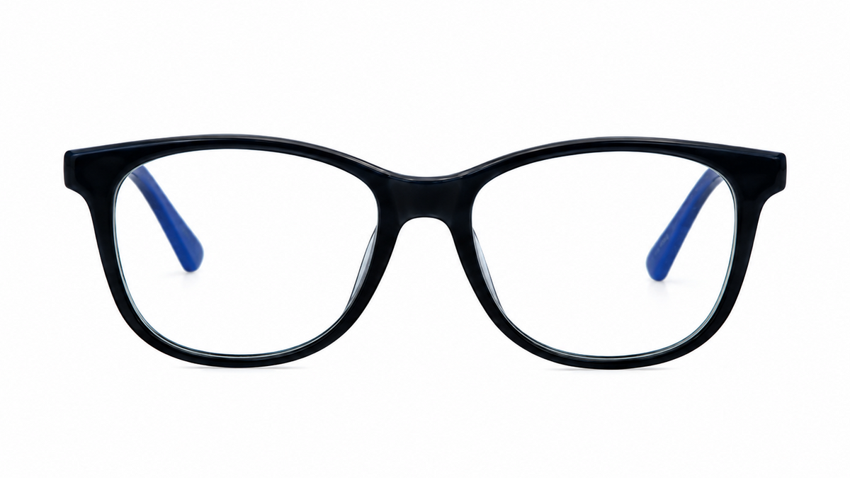 Black rectangular eyeglass frames with clear lenses and blue temple tips, shown against a plain white background.
