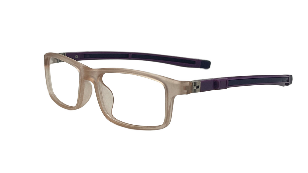 Rectangular eyeglasses with a translucent taupe-brown frame and dark purple temples, shown on a plain white background.