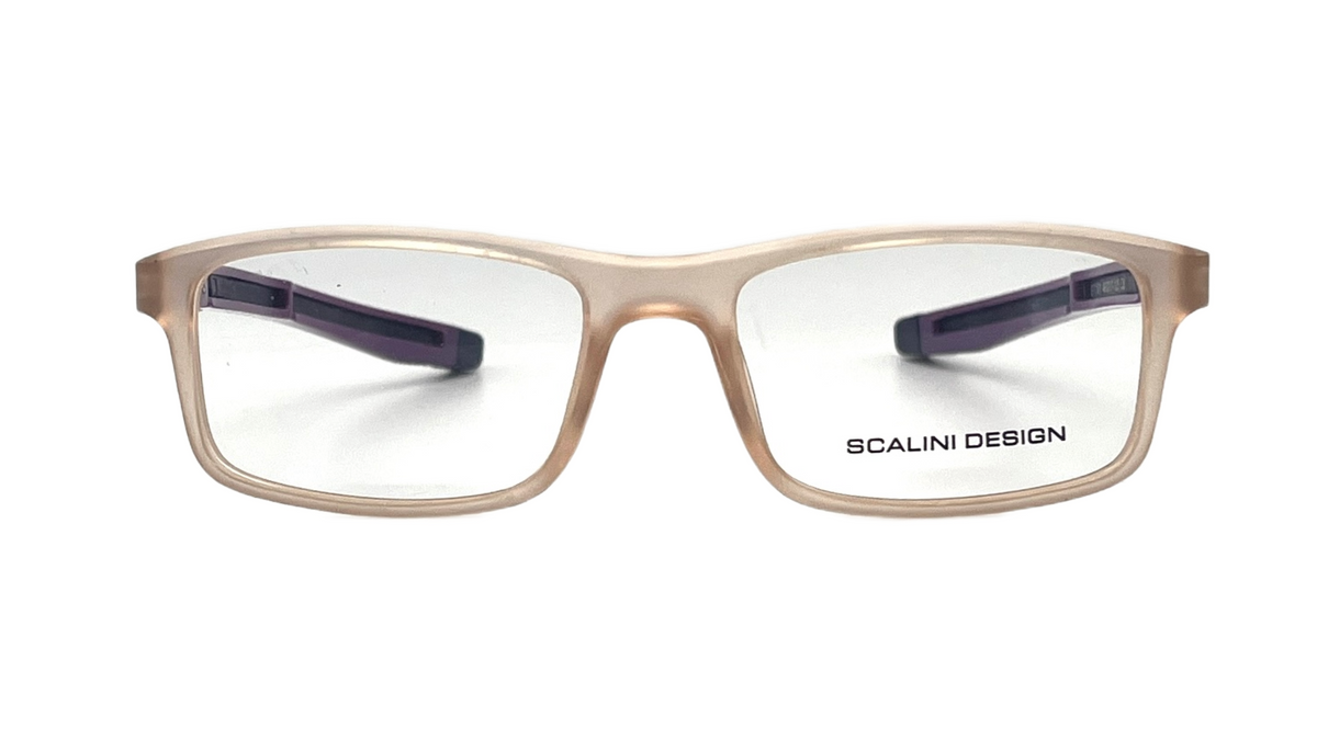 Scalini Design eyeglasses featuring a translucent warm beige-brown acetate frame with dark purple temple tips and clear lenses, shown against a plain white background.
