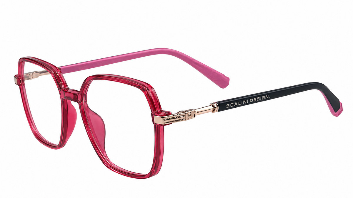A pair of oversized square eyeglasses with translucent pink-red frames, pink temples, and black-and-pink earpieces. The brand name 'SCALPINO DESIGN' is printed on the metal bridge and inner temple arm.