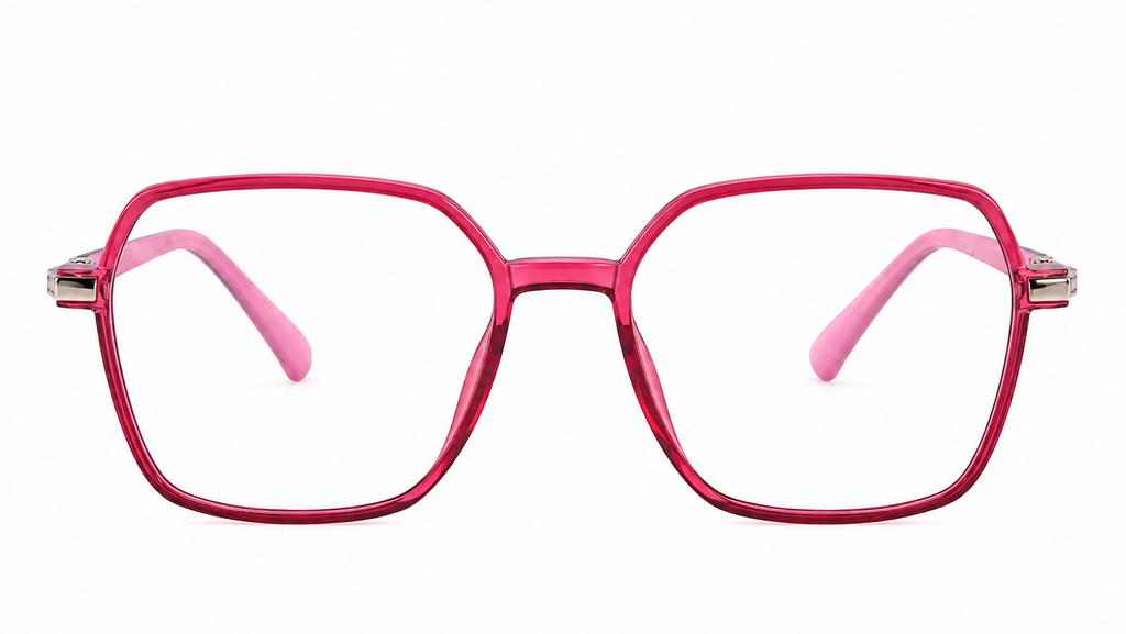 Pink translucent square eyeglass frames with clear lenses and light pink temple tips, shown against a plain white background.