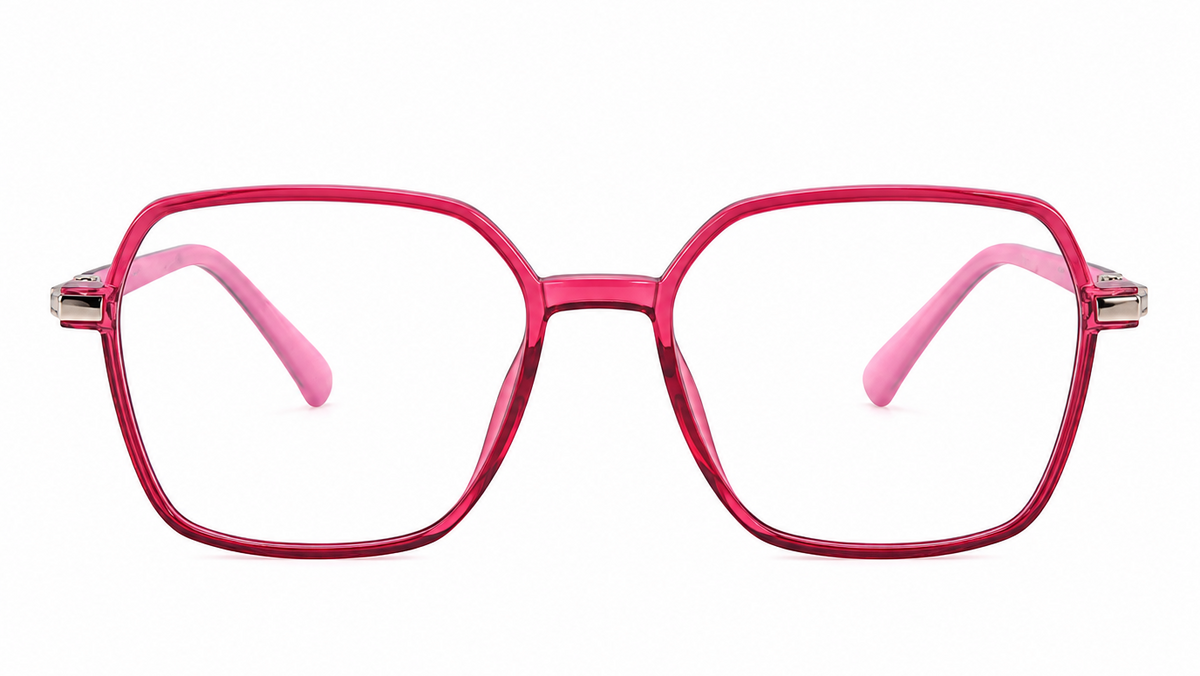 Pink translucent square eyeglass frames with clear lenses and light pink temple tips, shown against a plain white background.