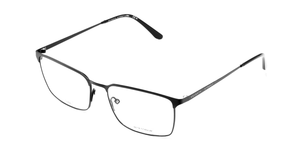 A pair of square metal eyeglass frames in black, shown at an angle on a plain white background.