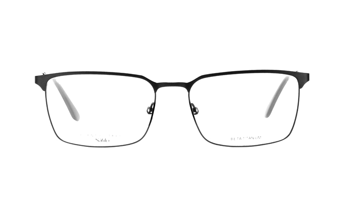 A pair of square-frame eyeglasses with a matte black metal frame and clear lenses, shown against a plain white background.
