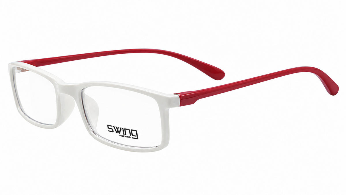 White and red rectangular eyeglasses with clear lenses and the Swing brand logo printed on the lower left lens, shown on a plain white background.