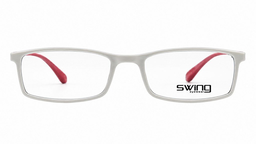 A pair of rectangular eyeglasses with a translucent light gray frame and red temple tips, shown from the front on a white background. The brand name 'swing eyewear' is printed on the lower right lens.