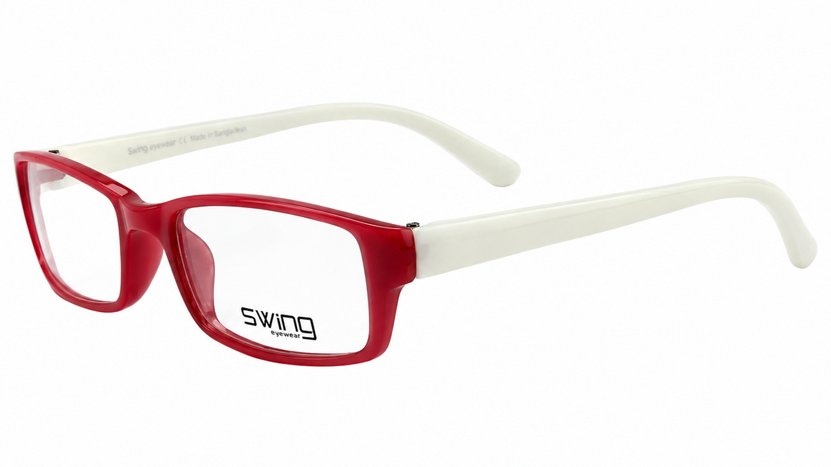 A pair of children's eyeglasses with a translucent red front frame and white temples, featuring the brand name 'swing' printed on the lower left lens, set against a plain white background.
