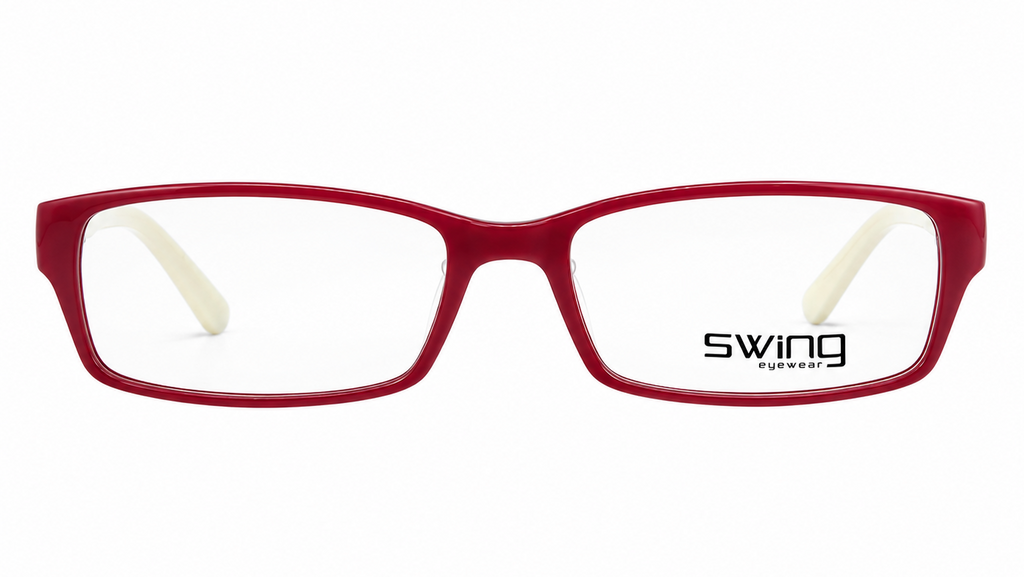 Red square eyeglasses with clear lenses and cream temple tips, featuring the 'swing eyewear' logo on the lower right corner of the right lens, set against a plain white background.