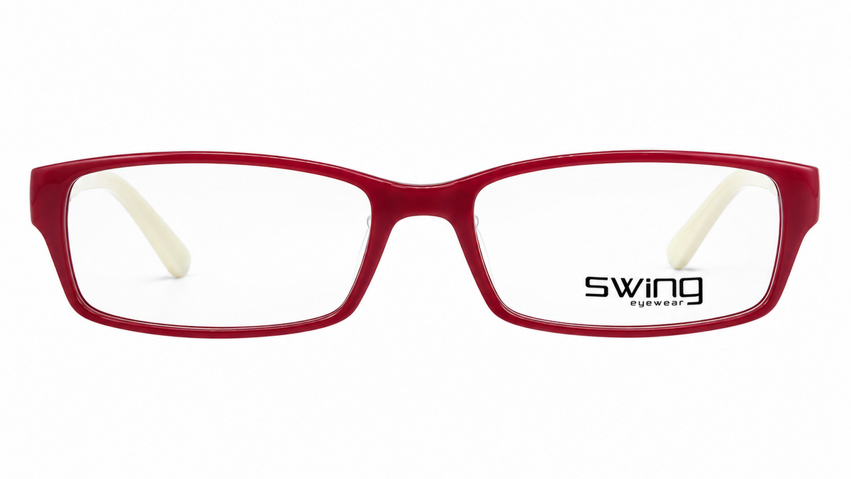 Red square eyeglasses with clear lenses and cream temple tips, featuring the 'swing eyewear' logo on the lower right corner of the right lens, set against a plain white background.