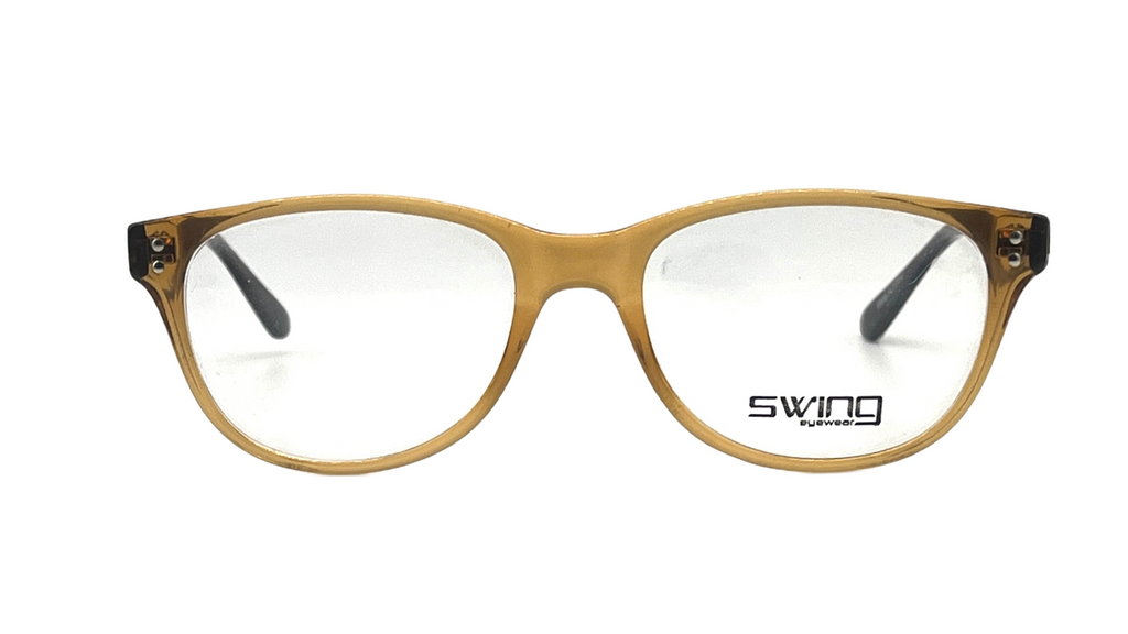 A pair of Swing Optics eyeglasses with a translucent amber-brown acetate frame and clear lenses, shown against a plain white background.