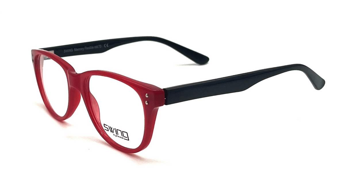 A pair of eyeglasses with a translucent red acetate front and matte black temples, shown on a clean white background. The brand name 'swino' is printed on the lower left lens.