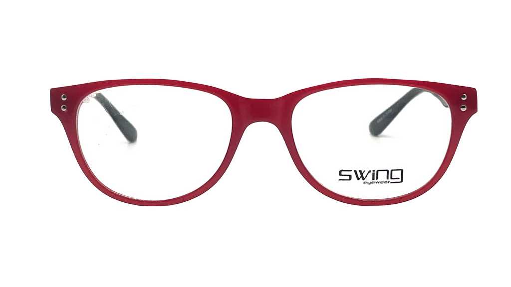 A pair of cat-eye style eyeglasses with a translucent red frame and clear lenses, featuring the brand name 'swing' printed on the lower right lens.