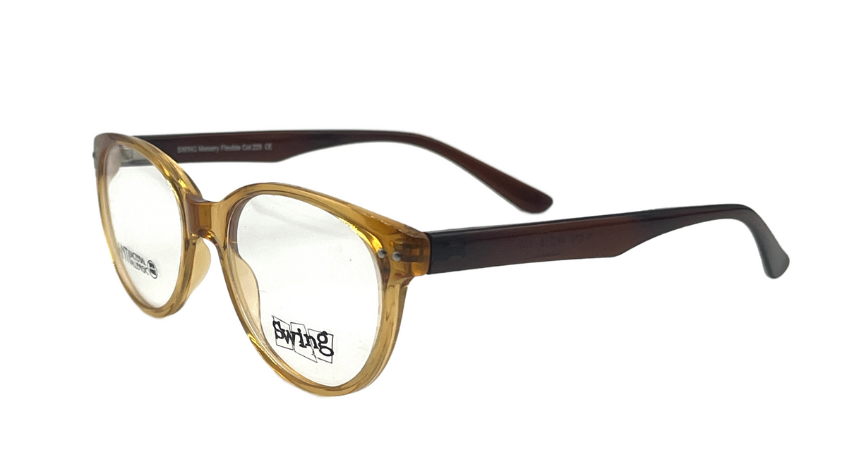 A pair of eyeglasses with a translucent amber and dark brown acetate frame, featuring clear lenses and the brand name 'swing' printed on the lower left lens.