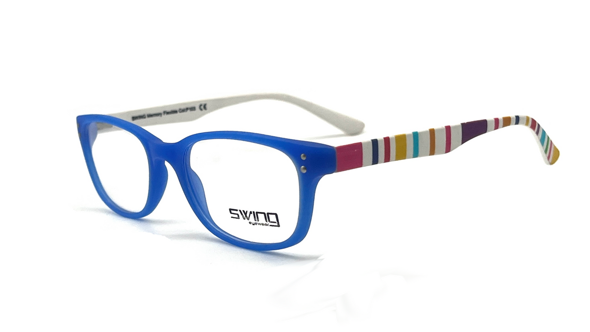 Blue cat-eye eyeglasses with a colorful striped temple arm, shown on a white background.