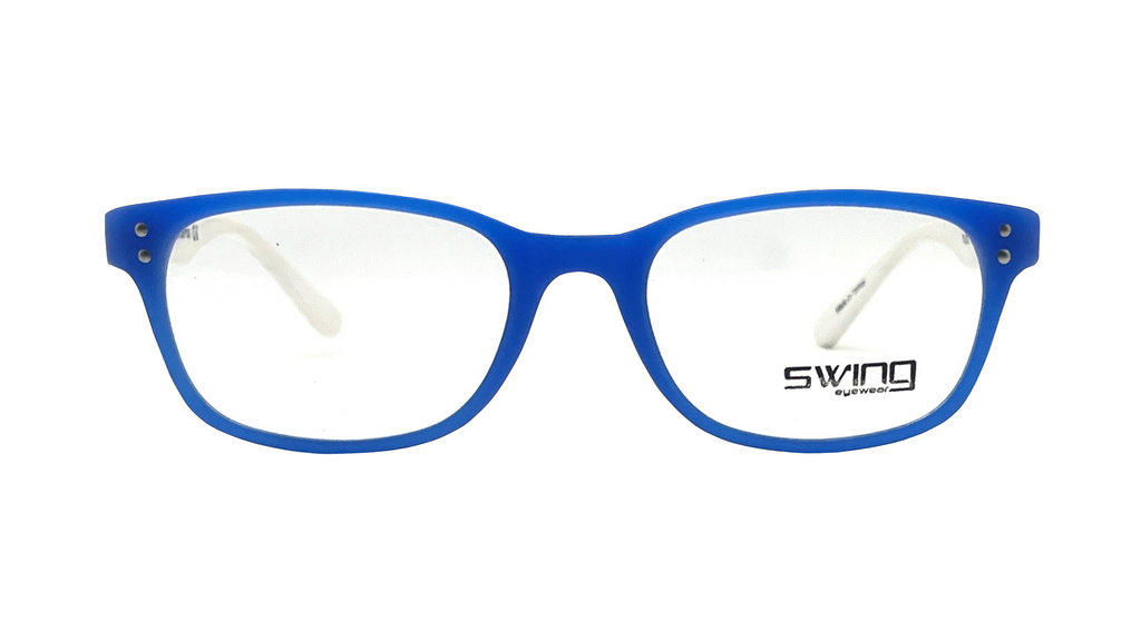 Blue acetate eyeglass frames with clear lenses, featuring the SWING brand logo printed on the lower right lens.