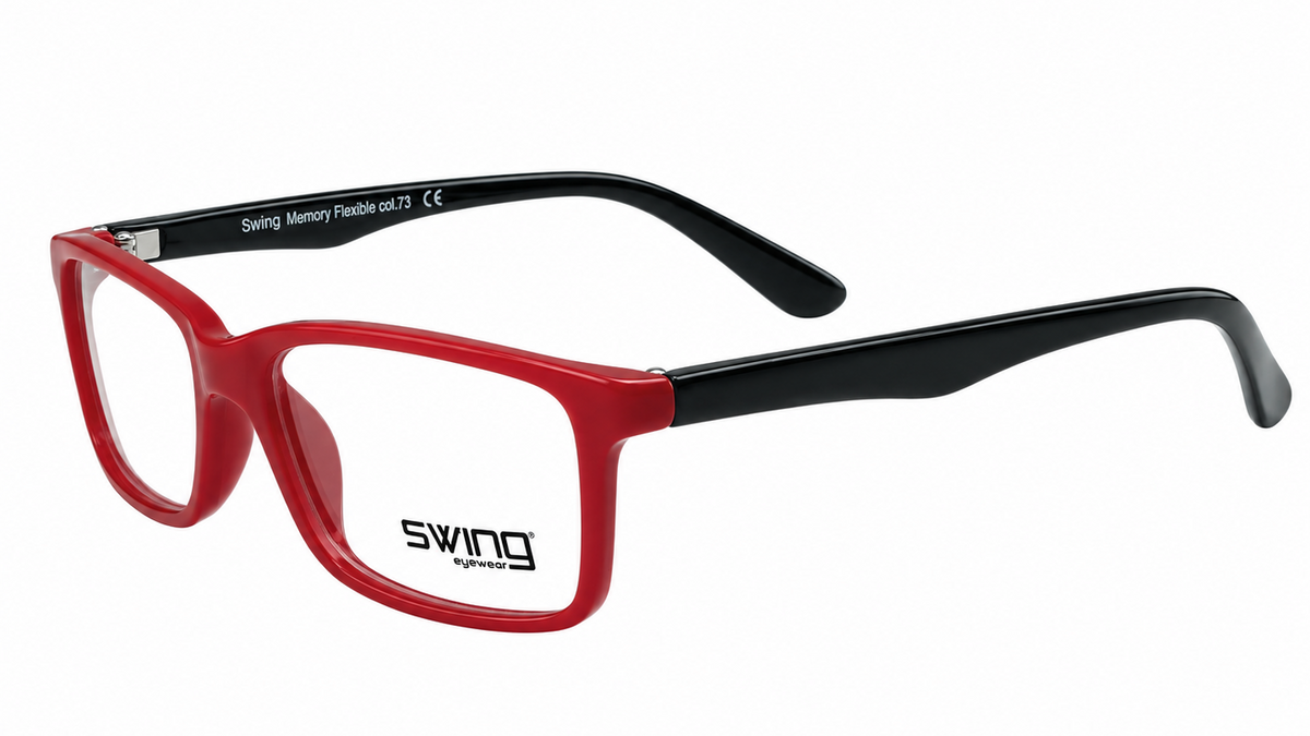 A pair of square-framed eyeglasses with a red front frame and black temples, featuring the SWING brand logo on the lower left corner of the frame.