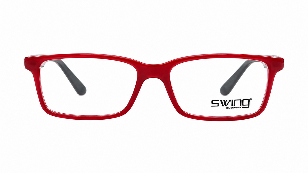 Red rectangular eyeglass frames with clear lenses and black temple tips, shown against a plain white background. The brand name 'swing by sport' is printed on the lower right corner of the right lens.