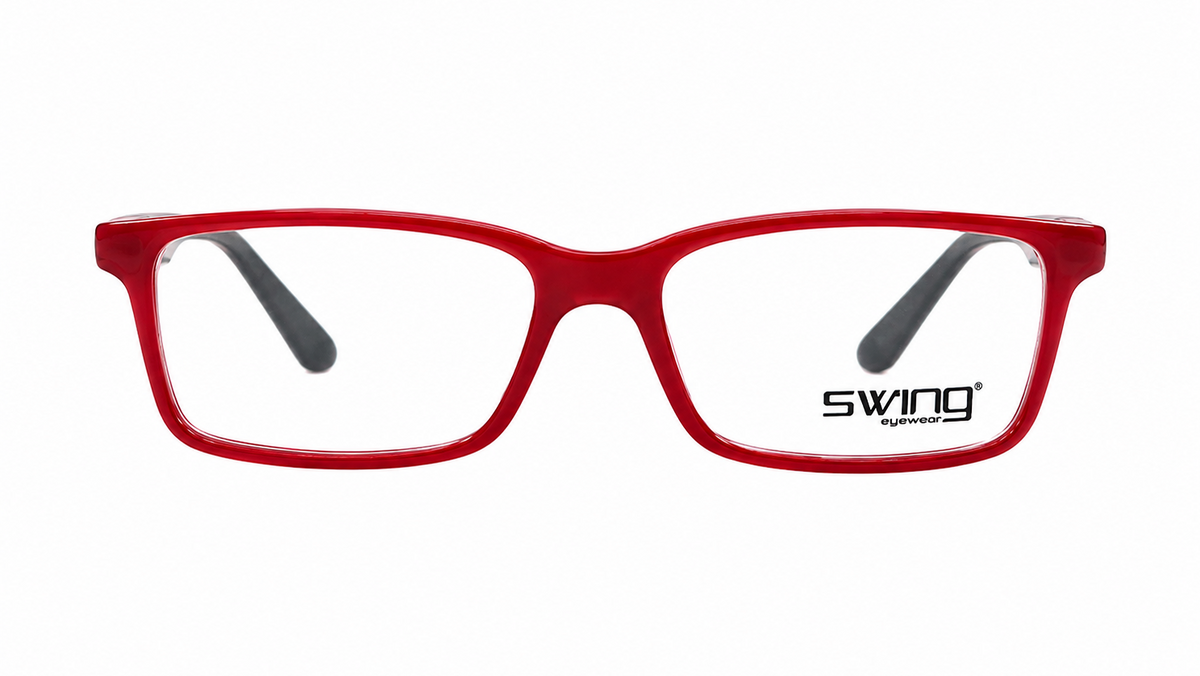 Red rectangular eyeglass frames with clear lenses and black temple tips, shown against a plain white background. The brand name 'swing by sport' is printed on the lower right corner of the right lens.