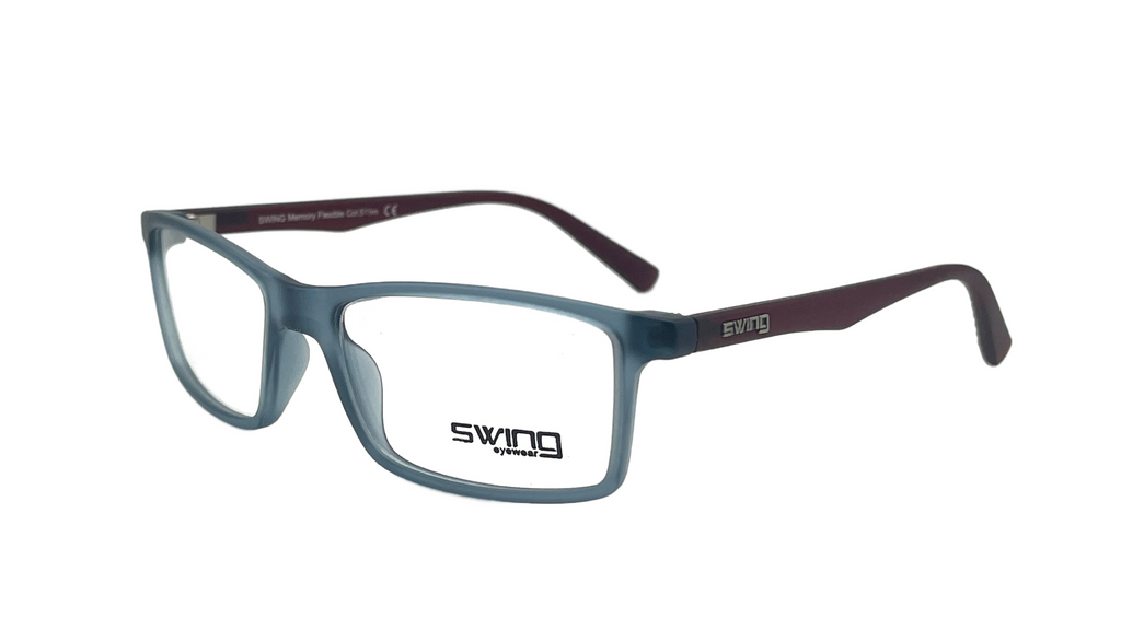 Swing optometrist eyeglasses in a translucent slate blue frame with dark burgundy temples, shown on a plain white background.