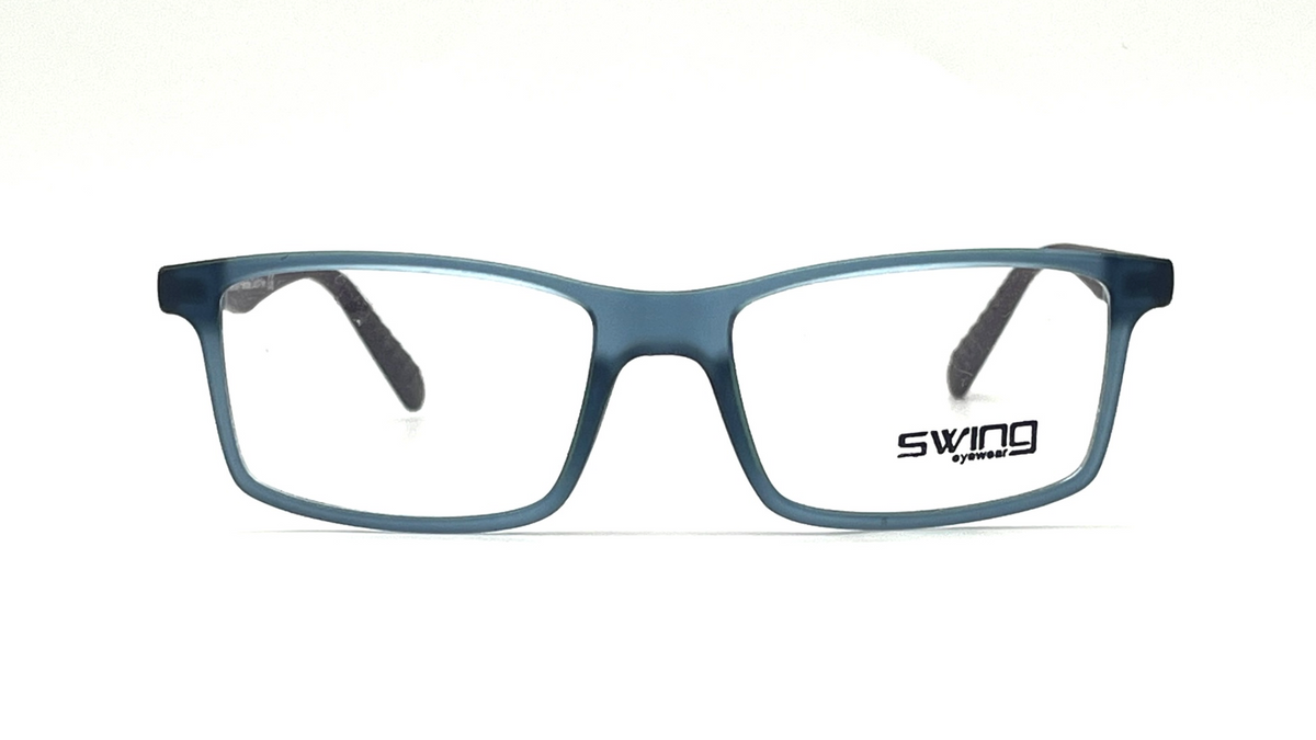 A pair of rectangular eyeglasses with a matte slate blue frame and clear lenses, featuring the brand name 'swing' printed on the lower right corner of the right lens.