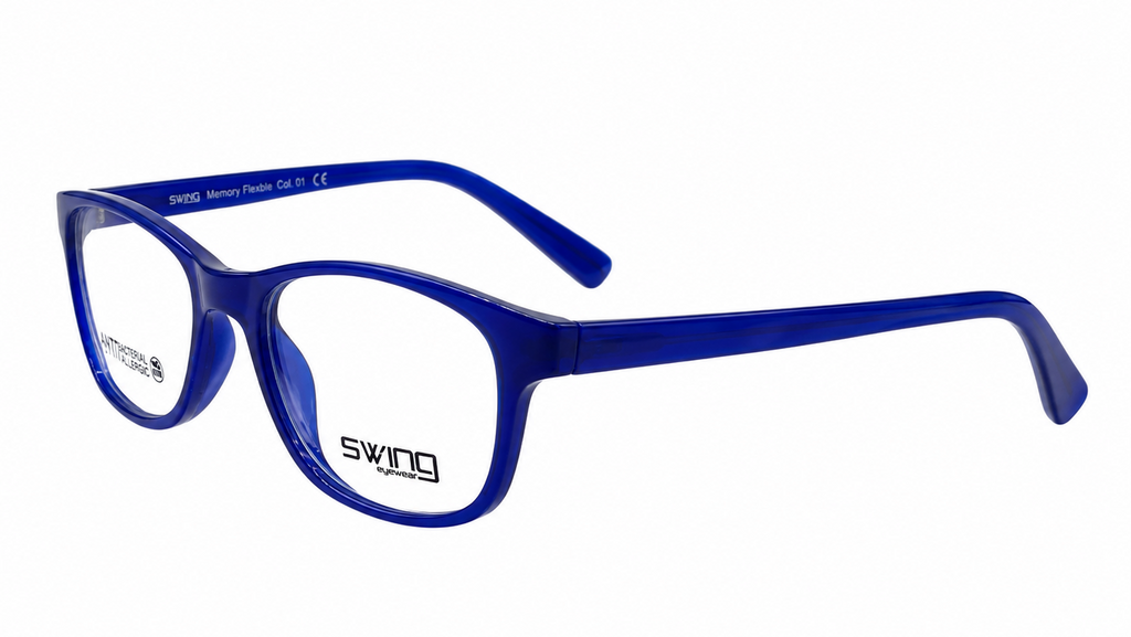 Blue acetate eyeglass frames with a thick rounded rectangular border and clear lenses, featuring the brand name 'swung' on the lower left frame corner.
