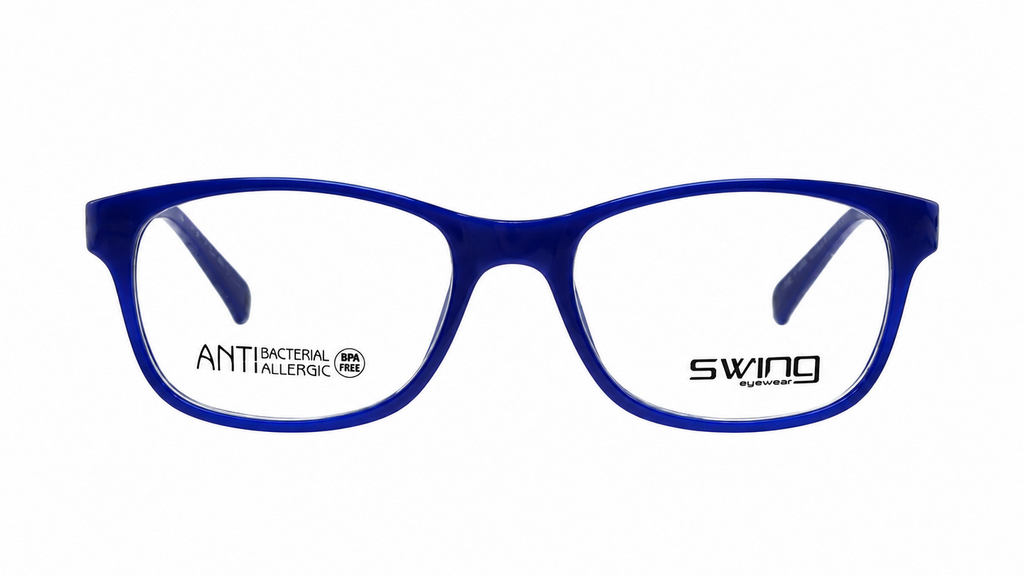 Blue acetate eyeglass frames with clear lenses, featuring the 'SWING' brand name on the right lens and 'ANTIBACTERIAL' text on the left lens, shown against a plain white background.