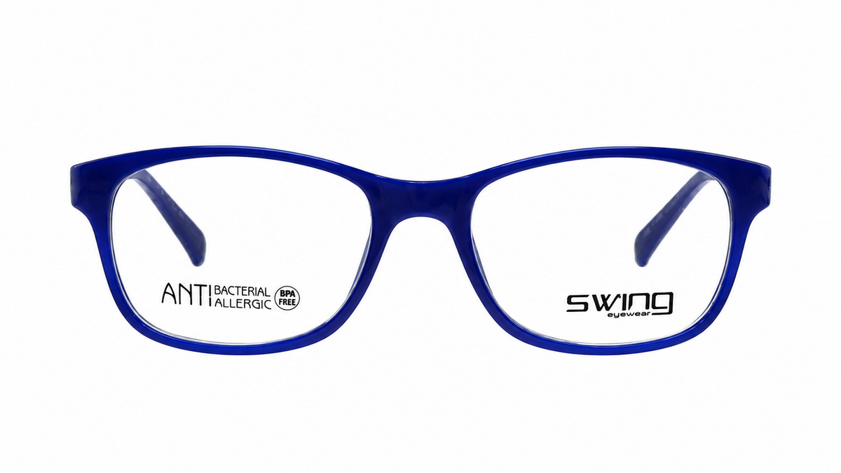 Blue acetate eyeglass frames with clear lenses, featuring the 'SWING' brand name on the right lens and 'ANTIBACTERIAL' text on the left lens, shown against a plain white background.