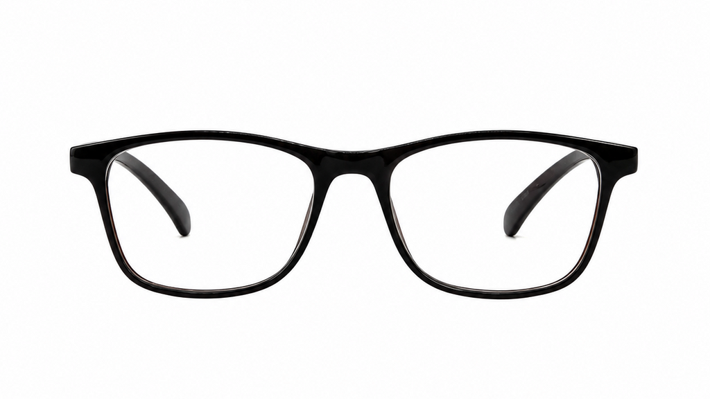 Black full-rim eyeglasses with a rounded rectangular shape and clear lenses, shown from the front on a plain white background.