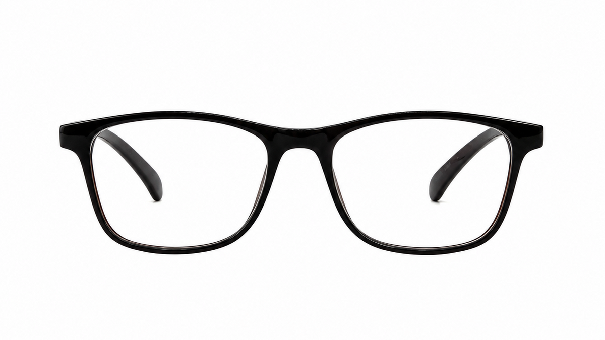Black full-rim eyeglasses with a rounded rectangular shape and clear lenses, shown from the front on a plain white background.