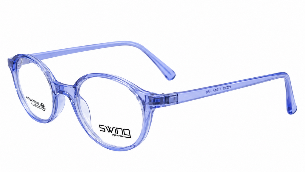 Light blue translucent round eyeglasses with a visible 'swing' brand logo on the lower left frame rim, displayed on a clean white background.