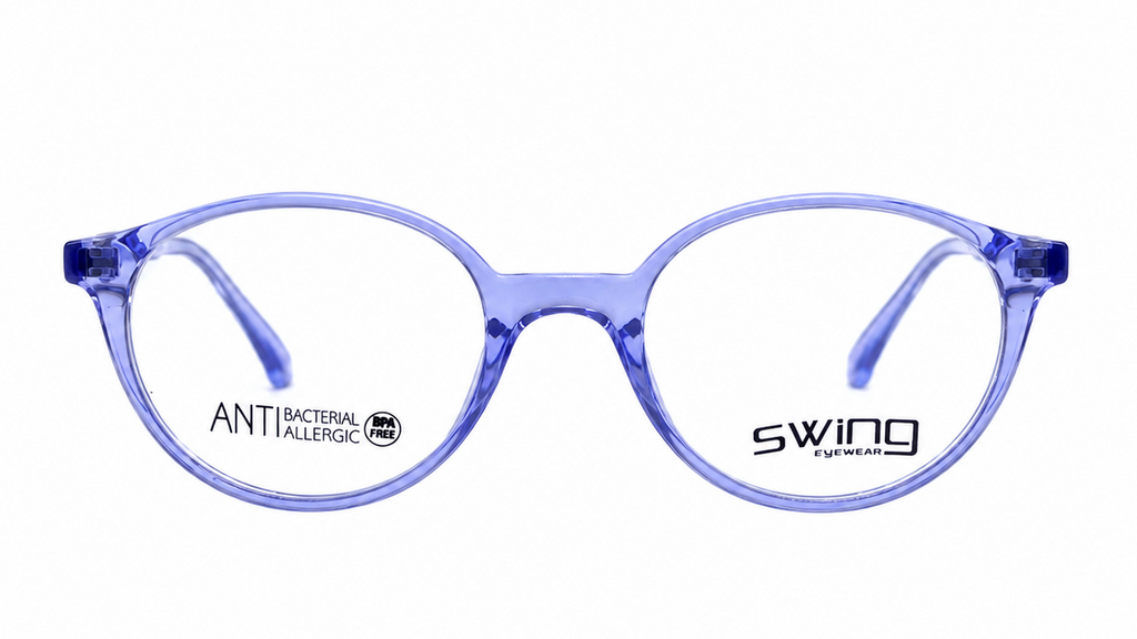Light blue translucent round eyeglass frames with 'swing eyewear' branding on the right lens and 'ANTI BACTERIAL KALLERGEN' on the left lens, shown against a plain white background.